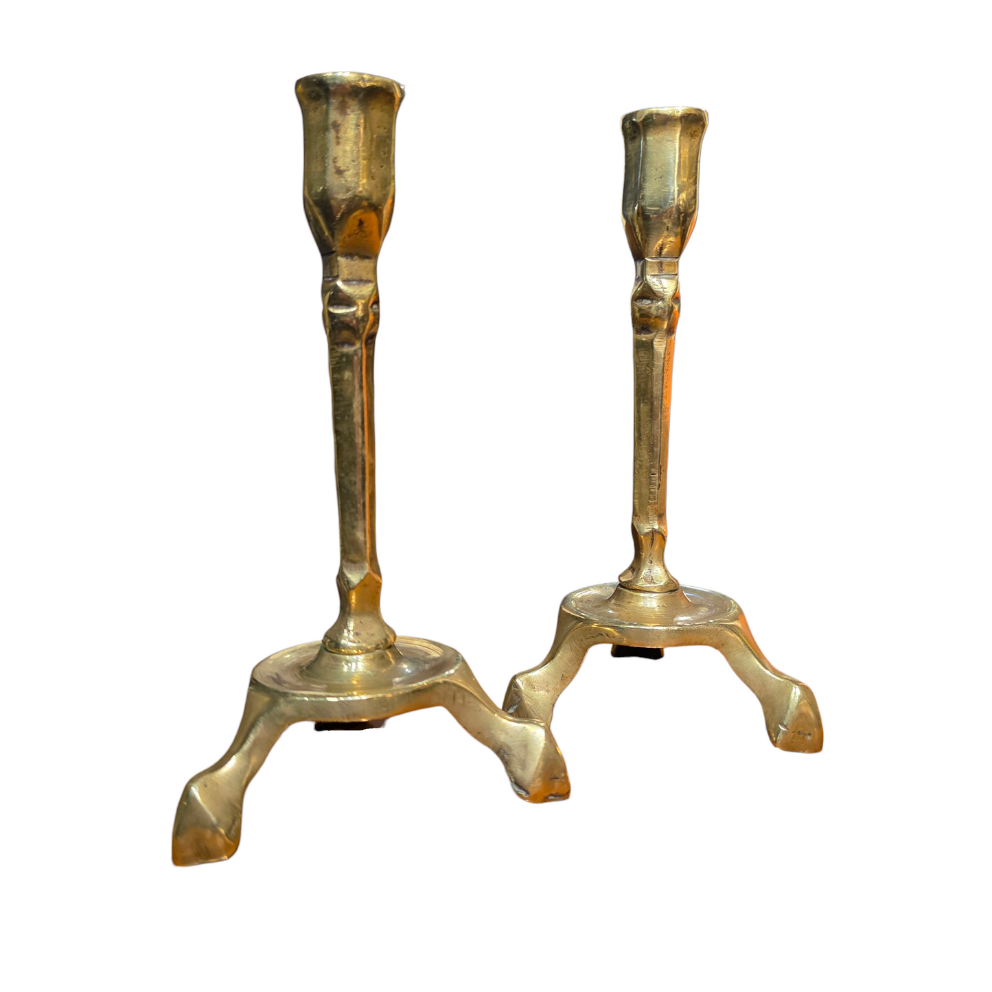 Rare Pair Of Early 18th-Century Antique Brass Tavern Candlesticks, circa 1700-1725