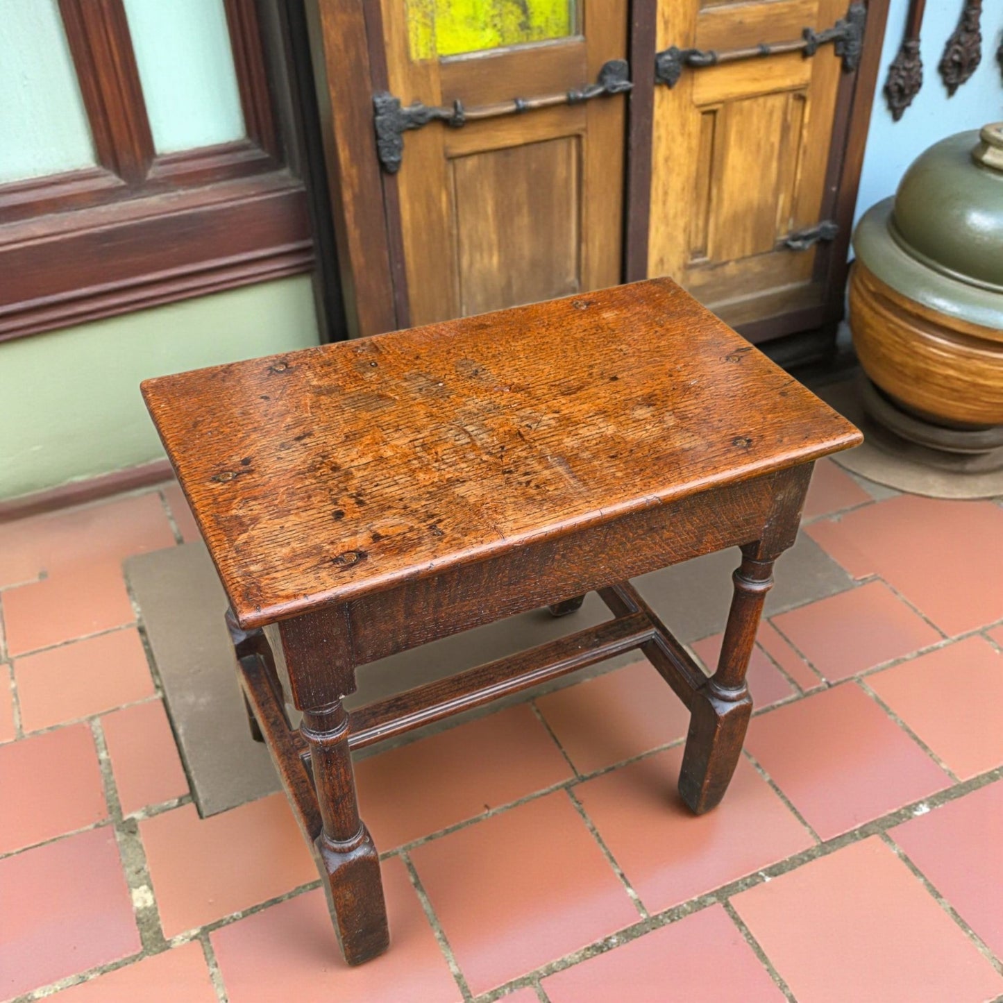 Late 17th Century English Antique Oak Joint Stool With "H Stretcher", Circa 1690