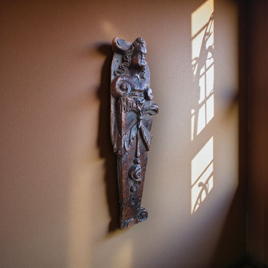 17th-Century Flemish Antique Carved Oak Term in Attic Found Condition