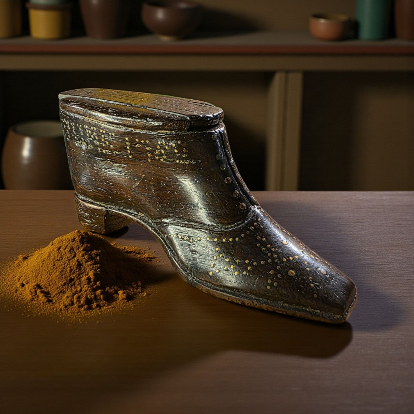 HMS Royal George - Sank 1782 - A Late 18th-Century English Antique Treen Carved Snuff Box Made From Ships Timbers in the Form of a Shoe / Snuff Shoe