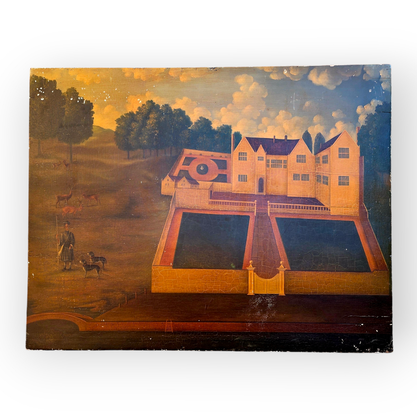 Naive 18th-Century Style Primitive Antique Painting of a Country House