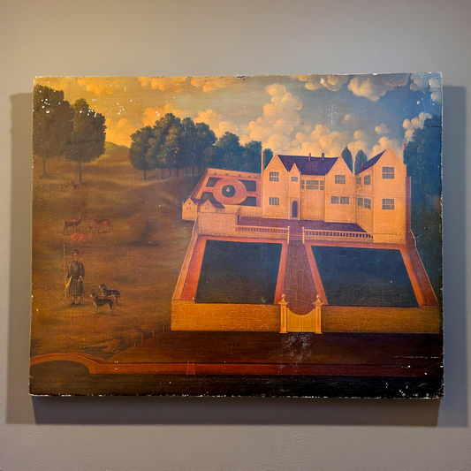 Naive 18th-Century Style Primitive Antique Painting of a Country House
