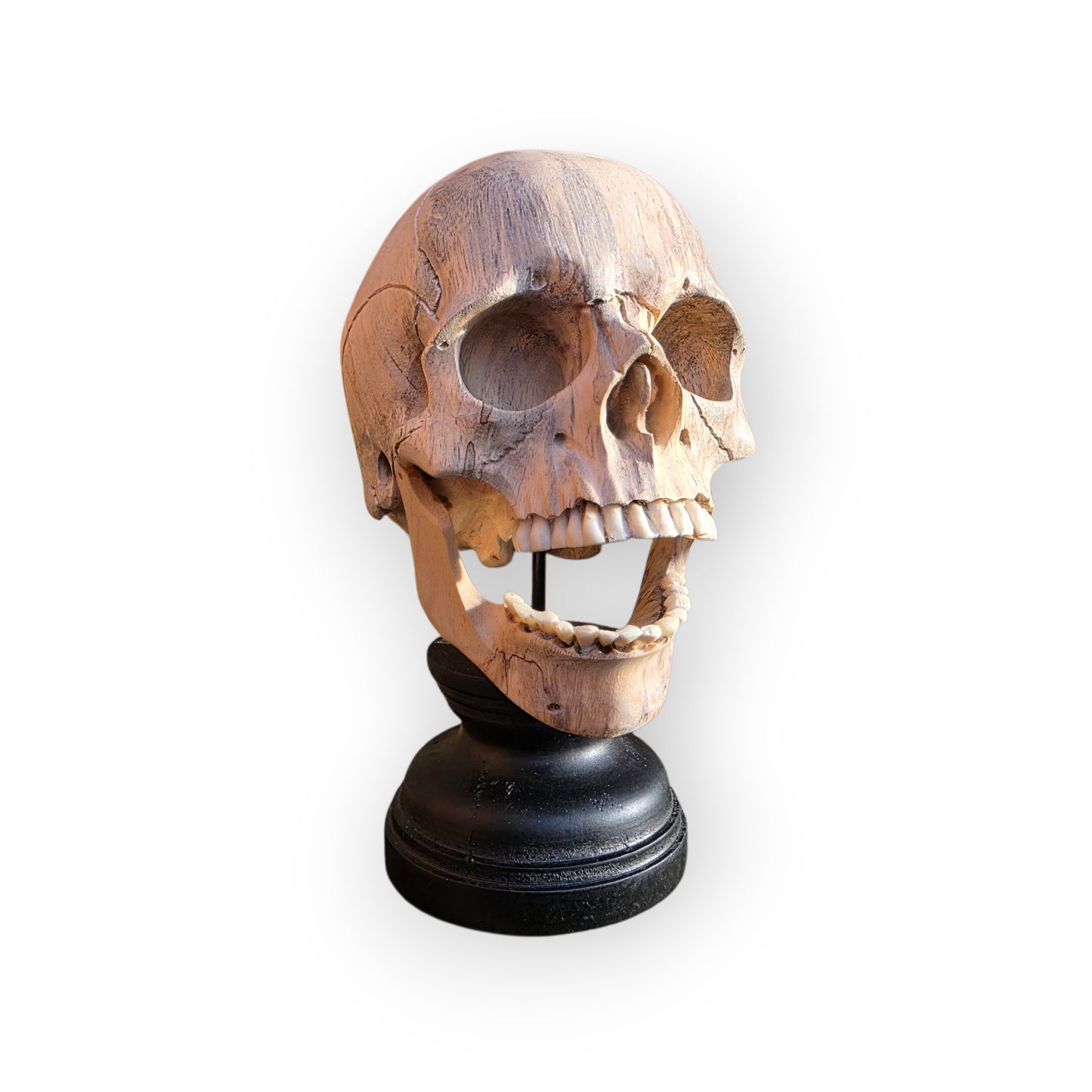 17th-Century Style Carved Wooden Memento Mori Skull on a Turned Ebonised Base
