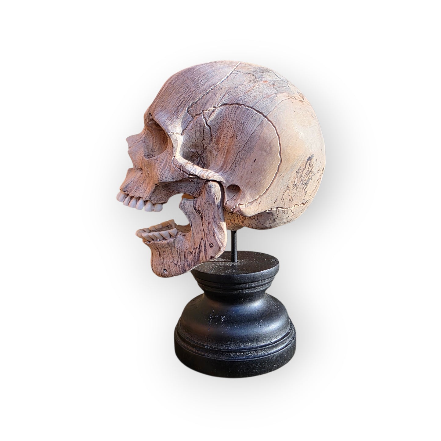 17th-Century Style Carved Wooden Memento Mori Skull on a Turned Ebonised Base