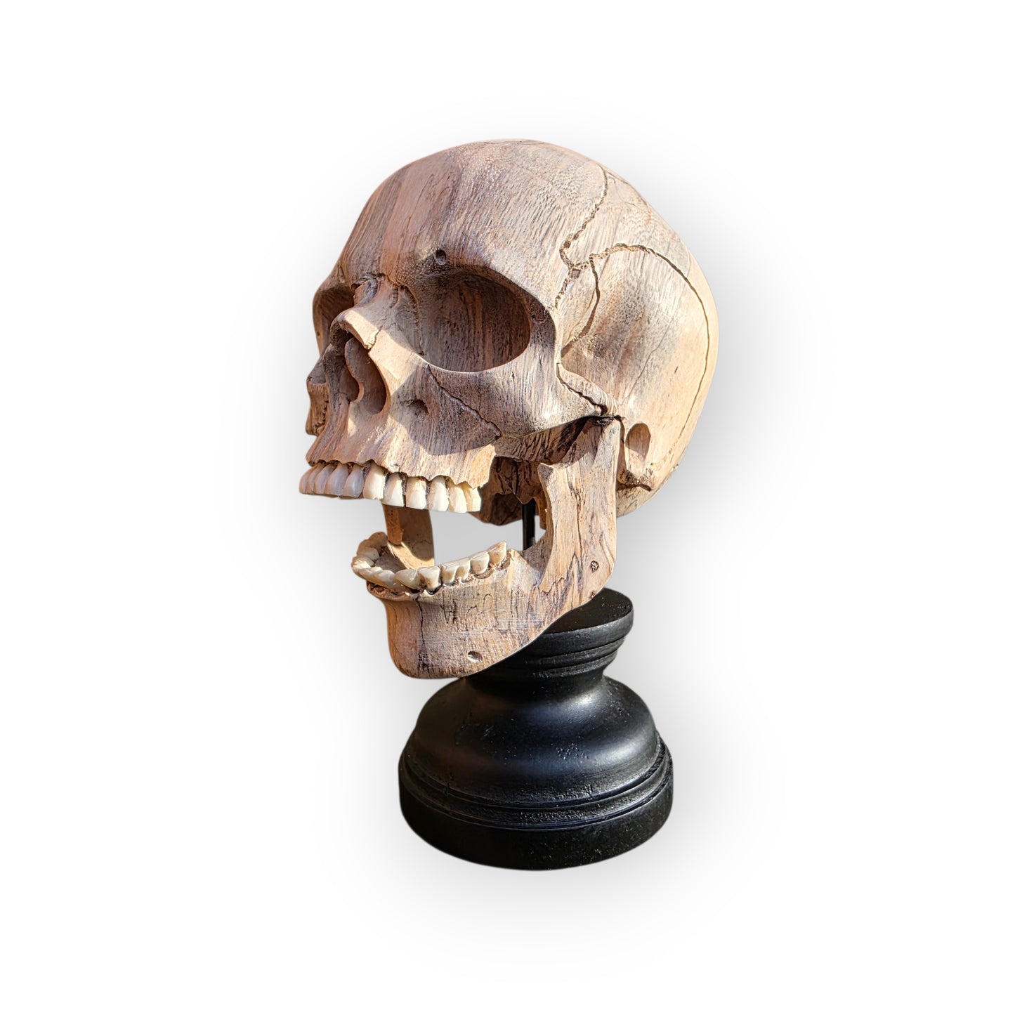 17th-Century Style Carved Wooden Memento Mori Skull on a Turned Ebonised Base