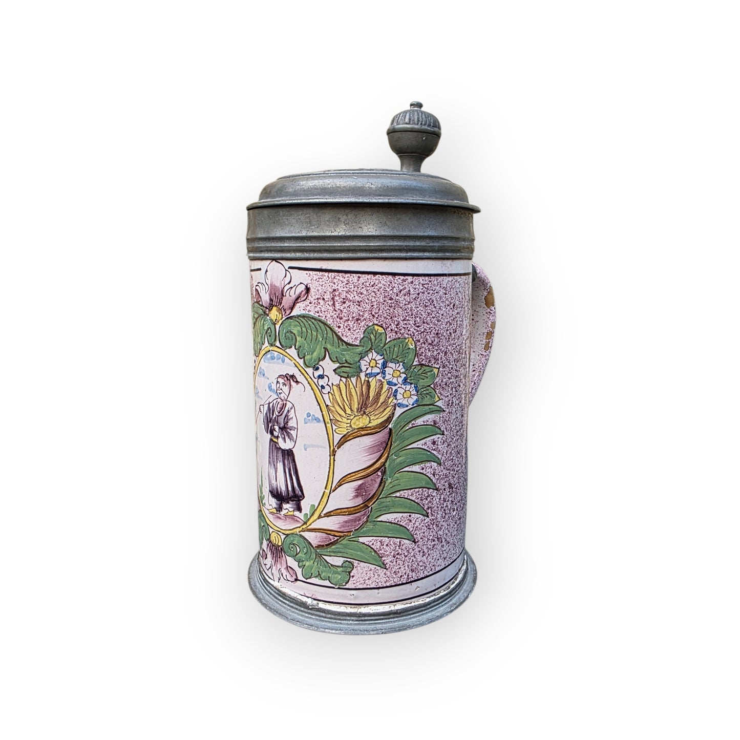18th‑Century Antique Faience / Tin-Glazed Earthenware Tankard – Lid Inlaid with a Medal of Louis XV