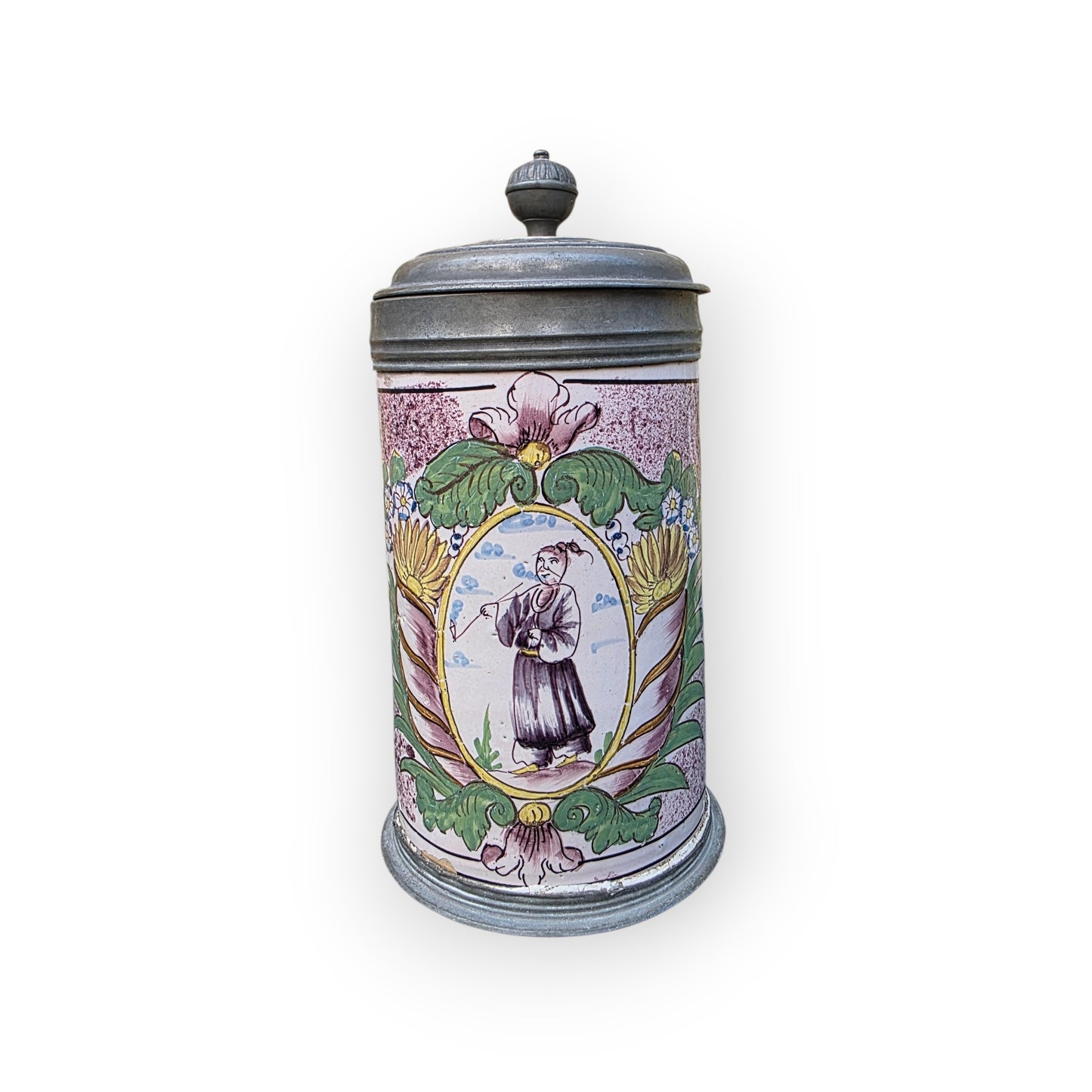 18th‑Century Antique Faience / Tin-Glazed Earthenware Tankard – Lid Inlaid with a Medal of Louis XV