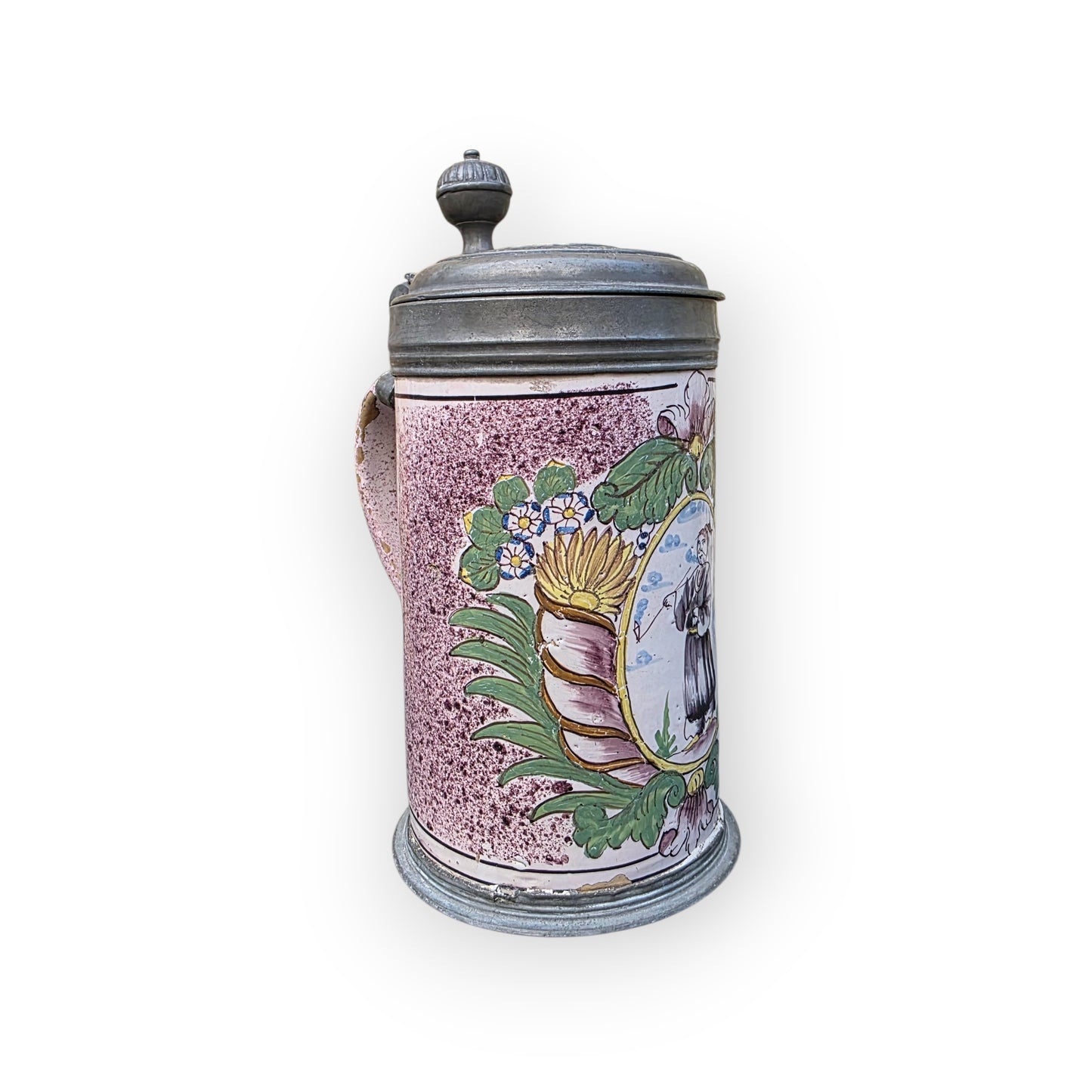 18th‑Century Antique Faience / Tin-Glazed Earthenware Tankard – Lid Inlaid with a Medal of Louis XV
