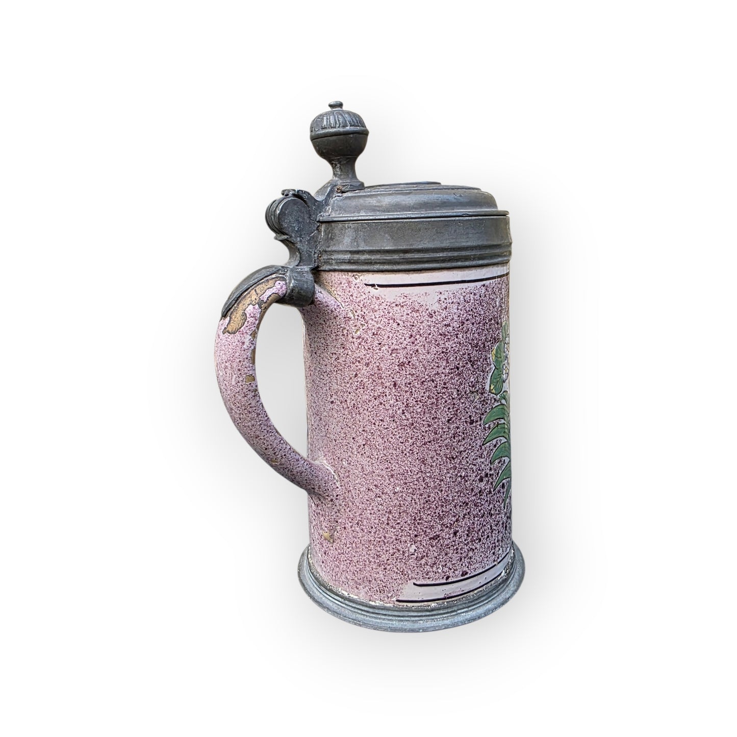 18th‑Century Antique Faience / Tin-Glazed Earthenware Tankard – Lid Inlaid with a Medal of Louis XV