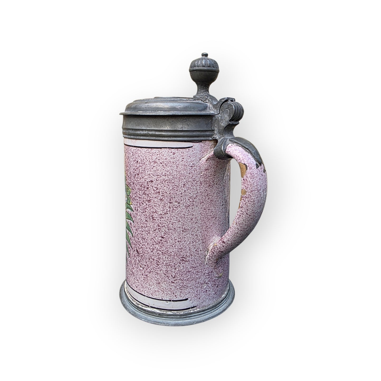 18th‑Century Antique Faience / Tin-Glazed Earthenware Tankard – Lid Inlaid with a Medal of Louis XV