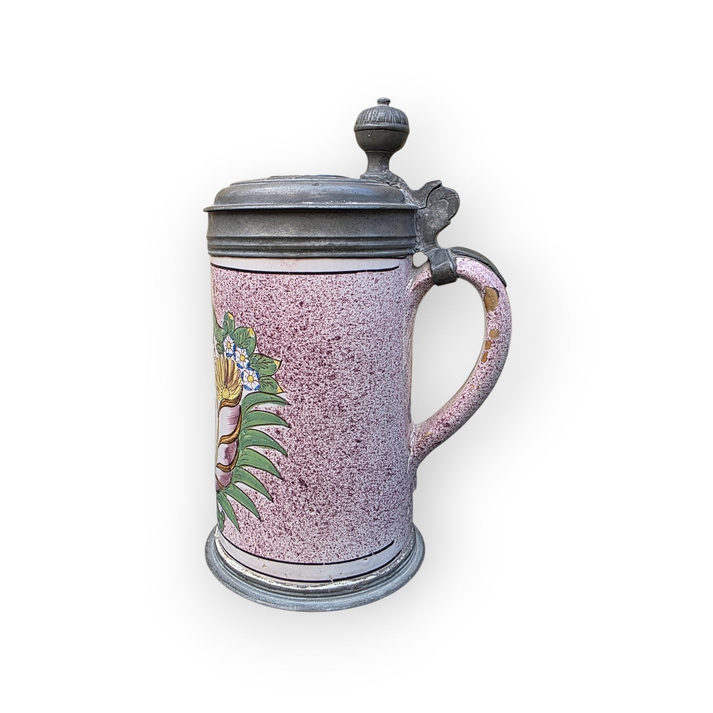 18th‑Century Antique Faience / Tin-Glazed Earthenware Tankard – Lid Inlaid with a Medal of Louis XV