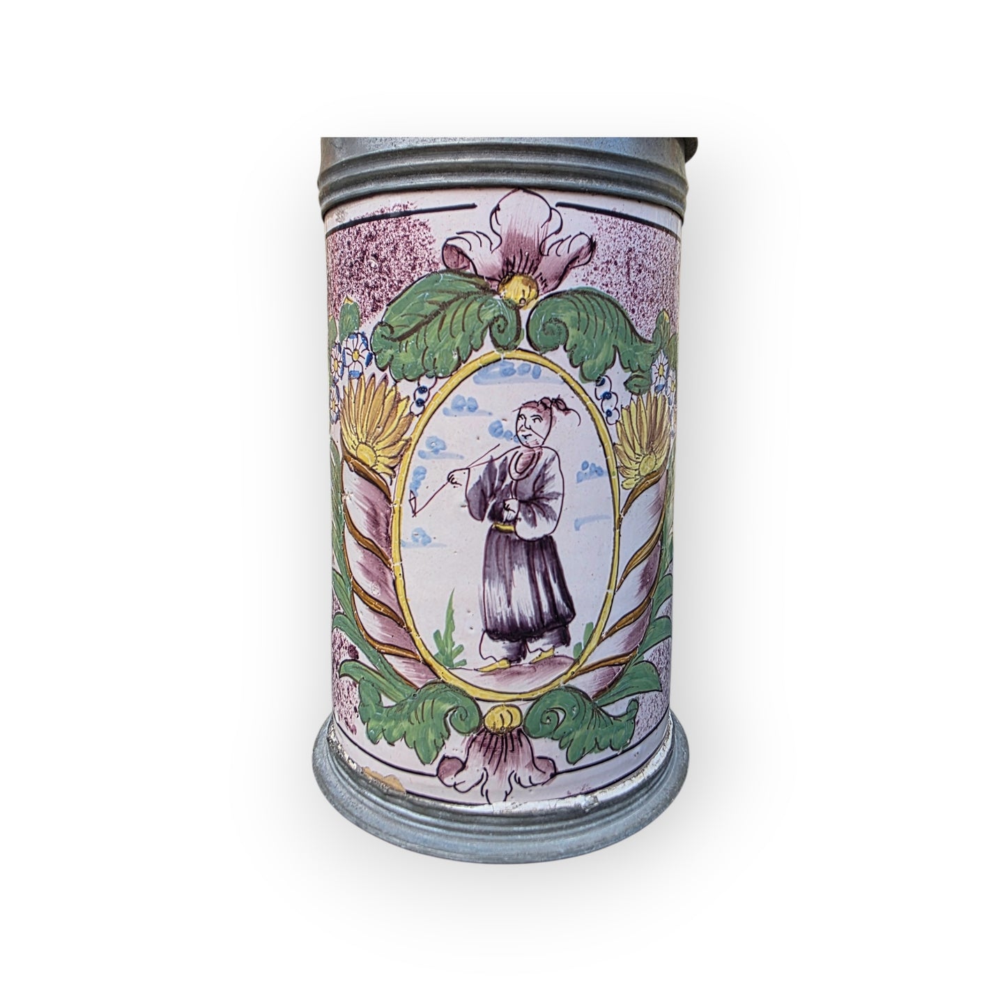 18th‑Century Antique Faience / Tin-Glazed Earthenware Tankard – Lid Inlaid with a Medal of Louis XV