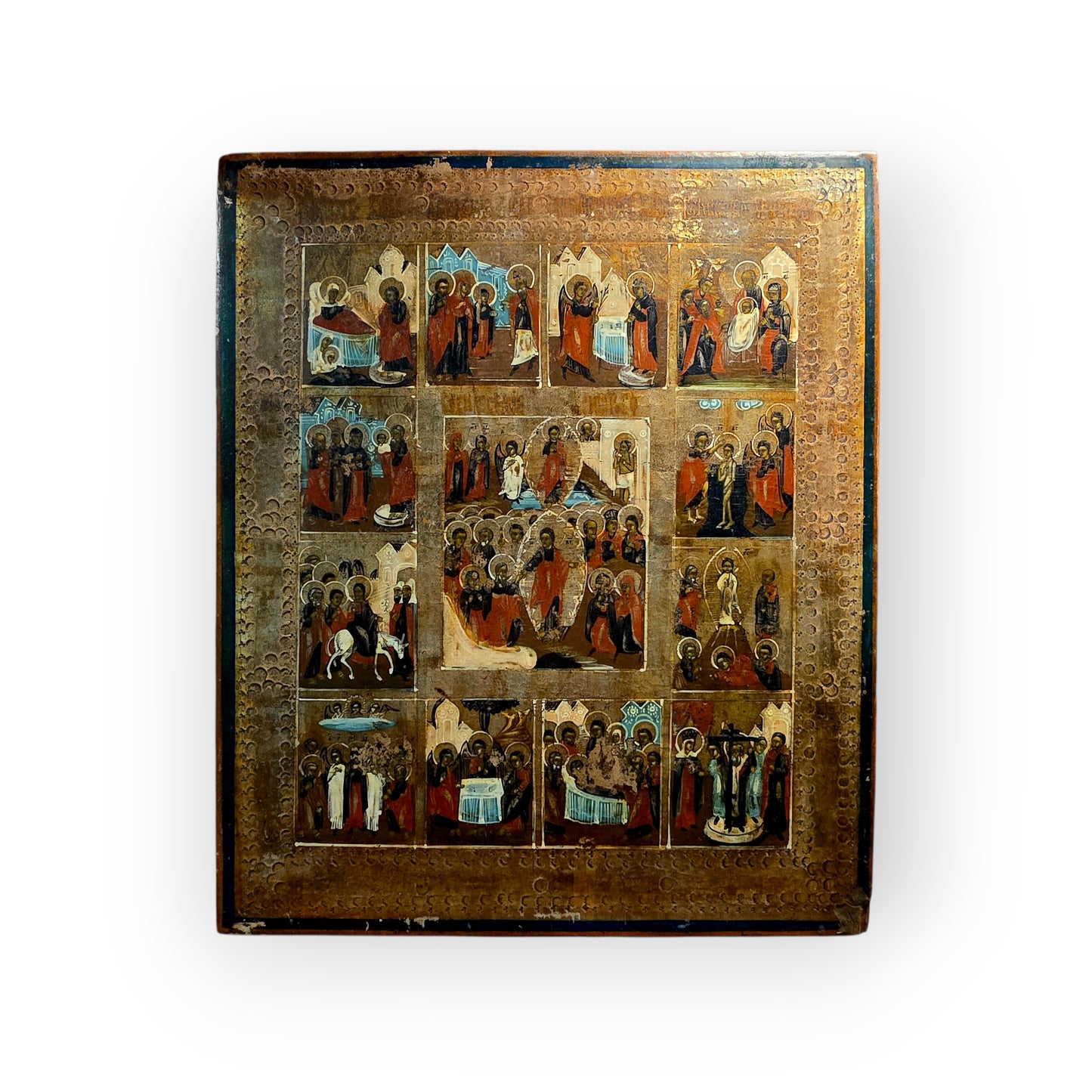 19th Century Russian Orthodox Antique Feast‑Day Icon – Twelve Great Liturgical Feasts