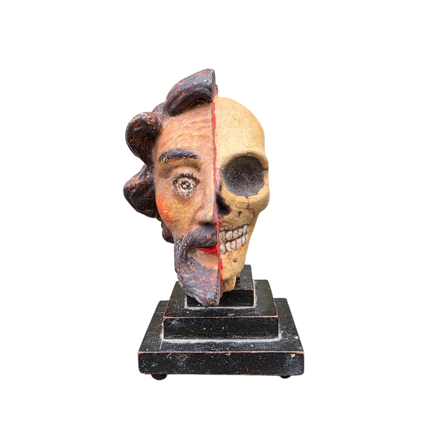 A Striking 18th Century Italian Antique Memento Mori Bust – Life & Death Duality Wooden Carved Sculpture on an Ebonised Plinth