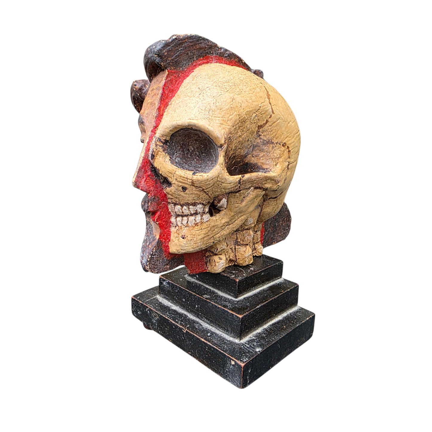 A Striking 18th Century Italian Antique Memento Mori Bust – Life & Death Duality Wooden Carved Sculpture on an Ebonised Plinth