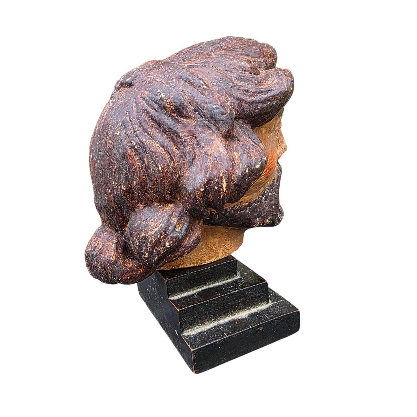 A Striking 18th Century Italian Antique Memento Mori Bust – Life & Death Duality Wooden Carved Sculpture on an Ebonised Plinth