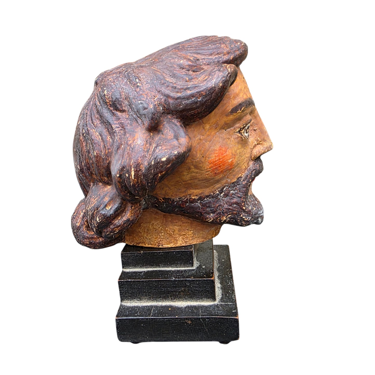 A Striking 18th Century Italian Antique Memento Mori Bust – Life & Death Duality Wooden Carved Sculpture on an Ebonised Plinth