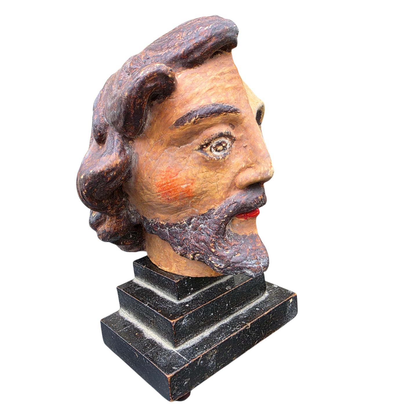 A Striking 18th Century Italian Antique Memento Mori Bust – Life & Death Duality Wooden Carved Sculpture on an Ebonised Plinth
