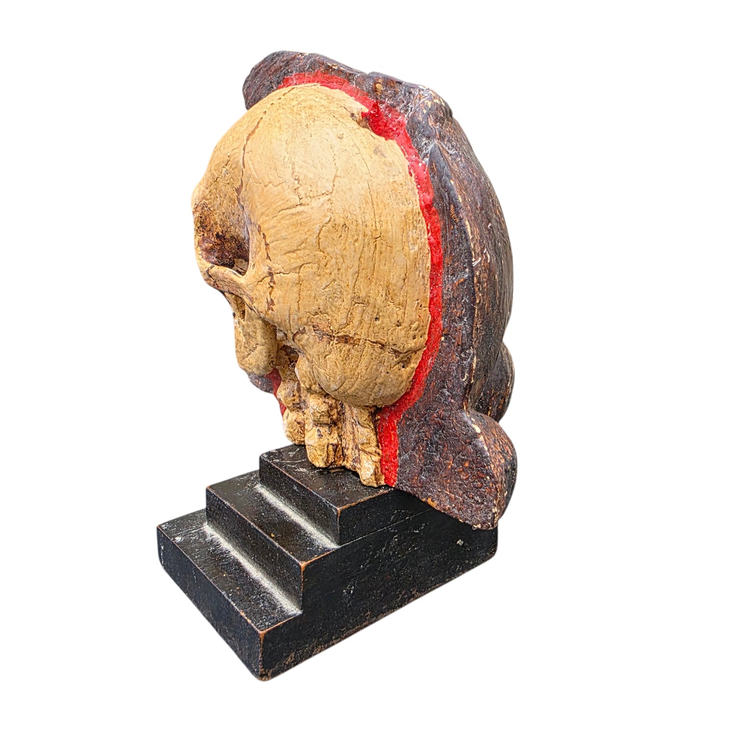 A Striking 18th Century Italian Antique Memento Mori Bust – Life & Death Duality Wooden Carved Sculpture on an Ebonised Plinth