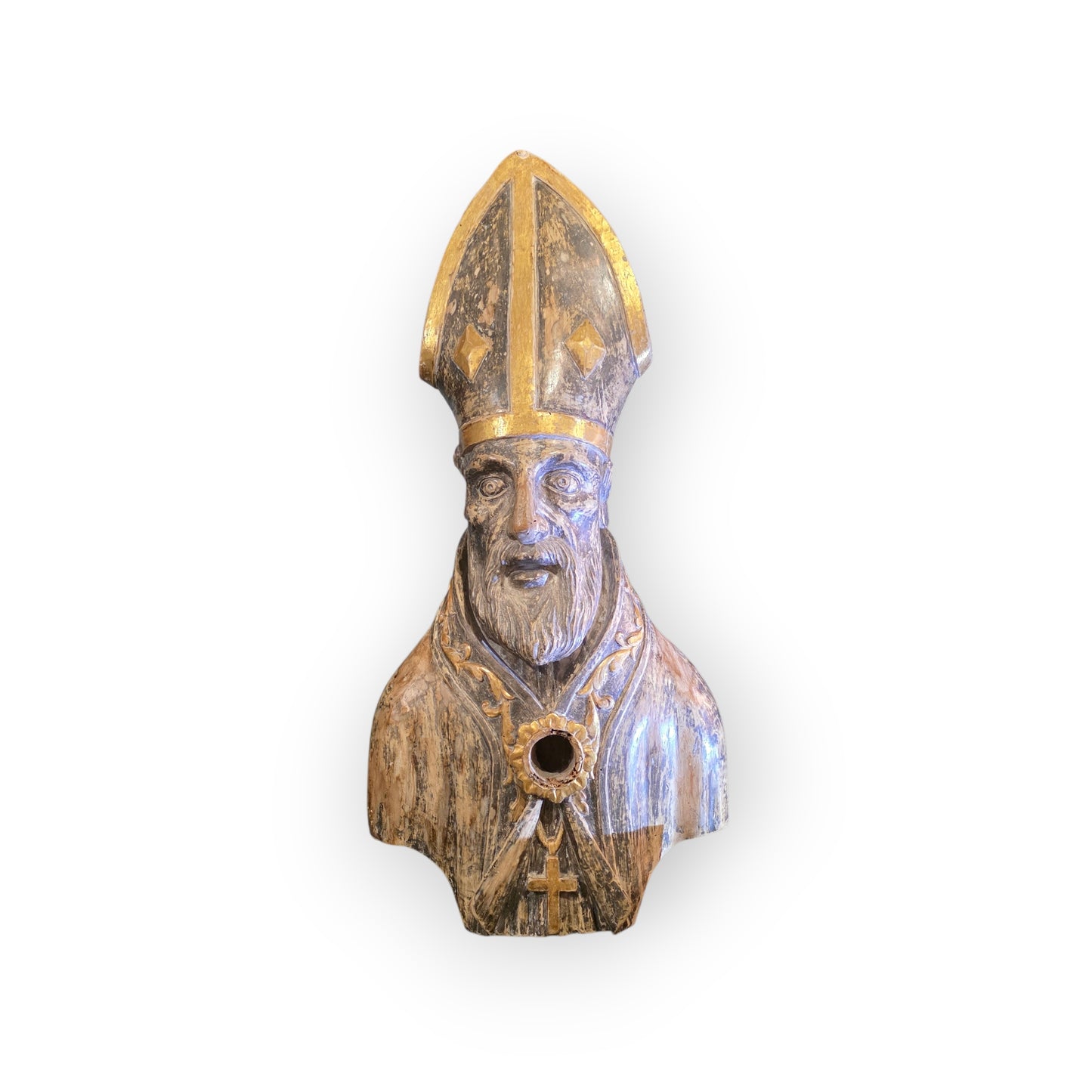 Large 17th‑Century Italian Antique Reliquary Bust of Saint Nicholas – Carved Wooden Sculpture with Silver & Gold Gilding