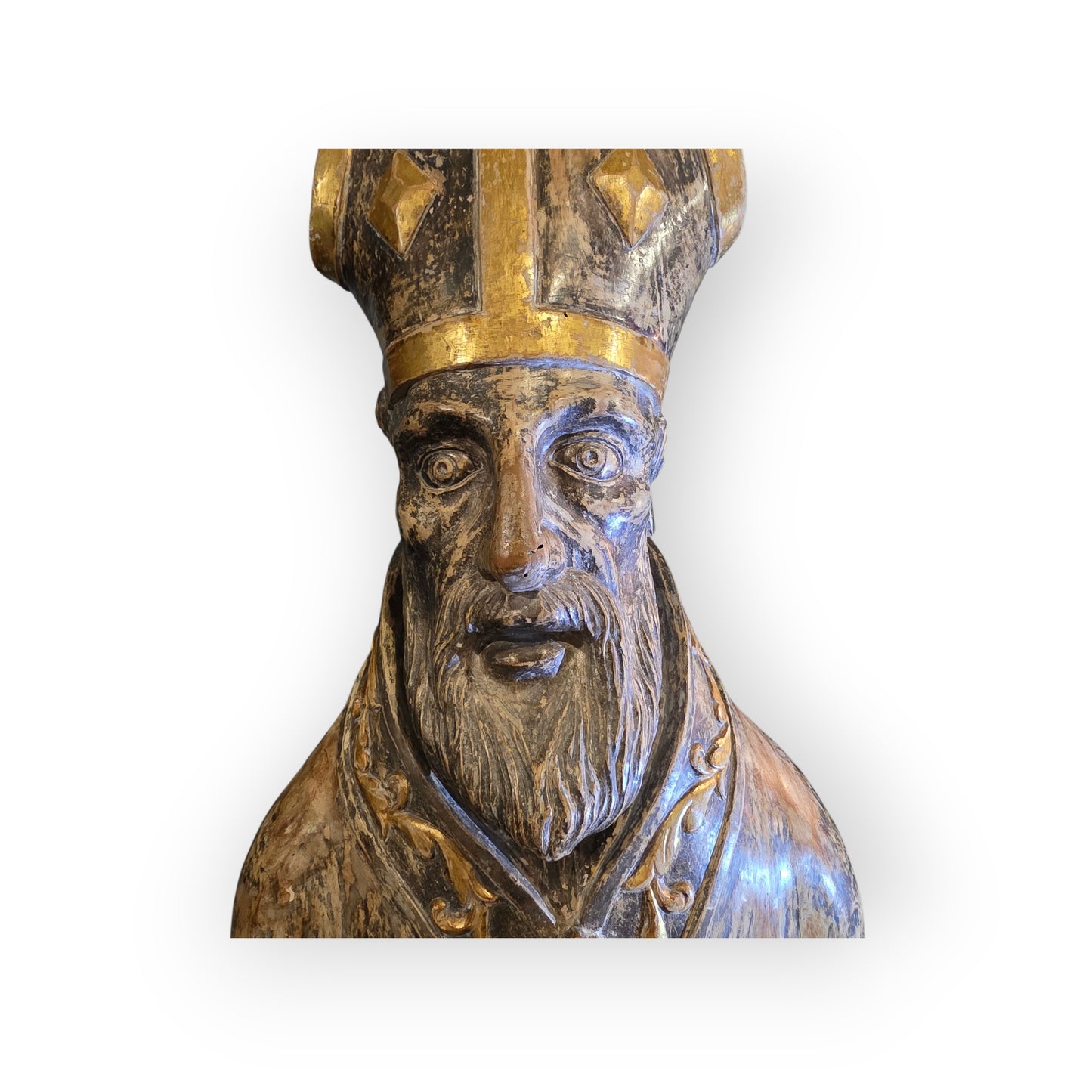 Large 17th‑Century Italian Antique Reliquary Bust of Saint Nicholas – Carved Wooden Sculpture with Silver & Gold Gilding