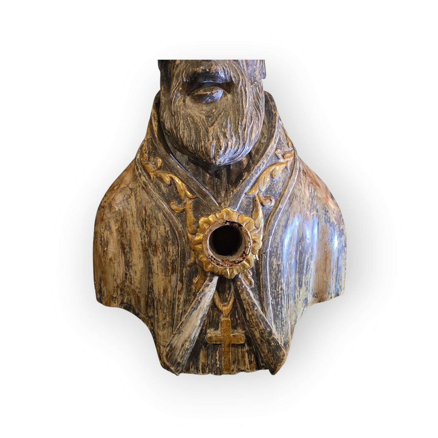 Large 17th‑Century Italian Antique Reliquary Bust of Saint Nicholas – Carved Wooden Sculpture with Silver & Gold Gilding