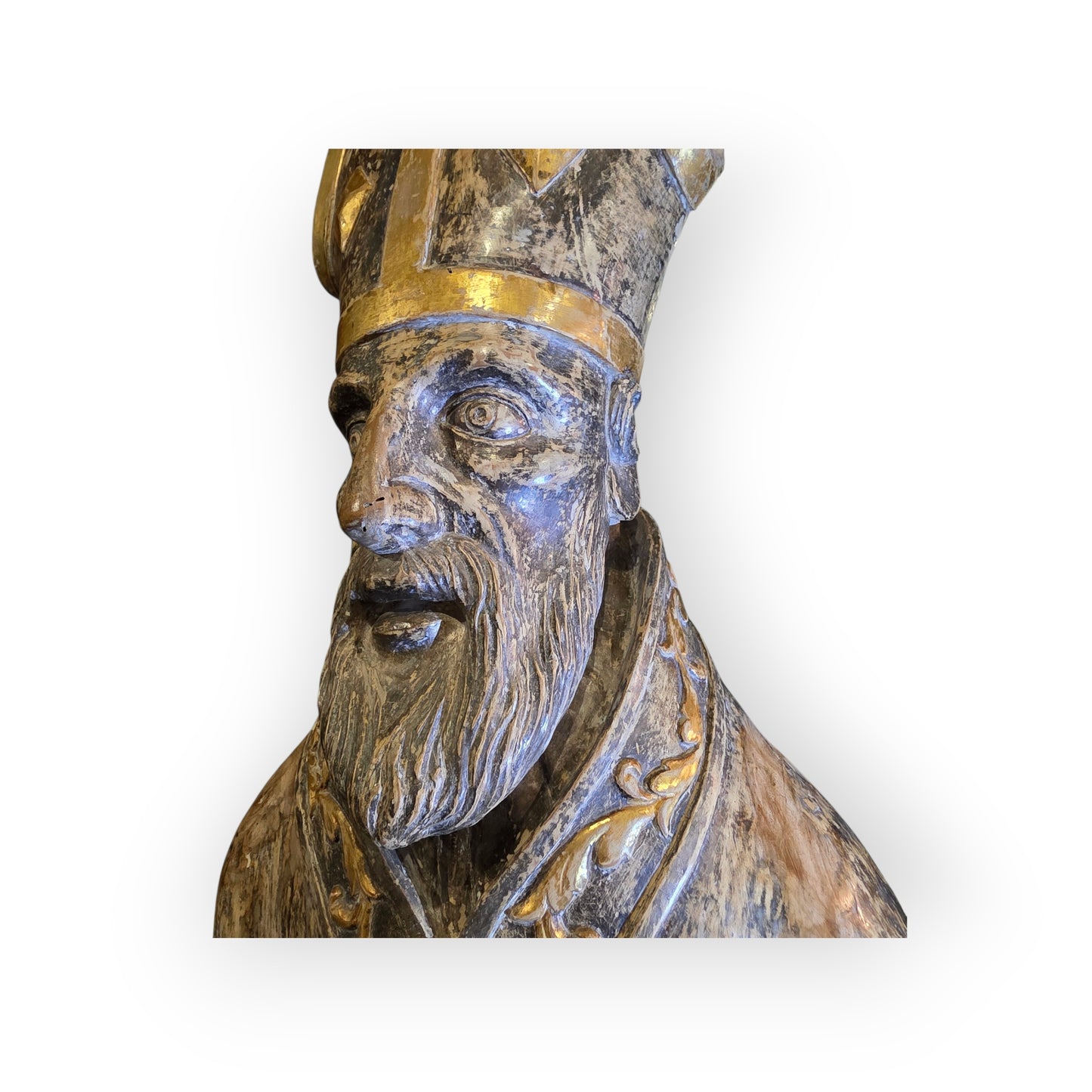 Large 17th‑Century Italian Antique Reliquary Bust of Saint Nicholas – Carved Wooden Sculpture with Silver & Gold Gilding
