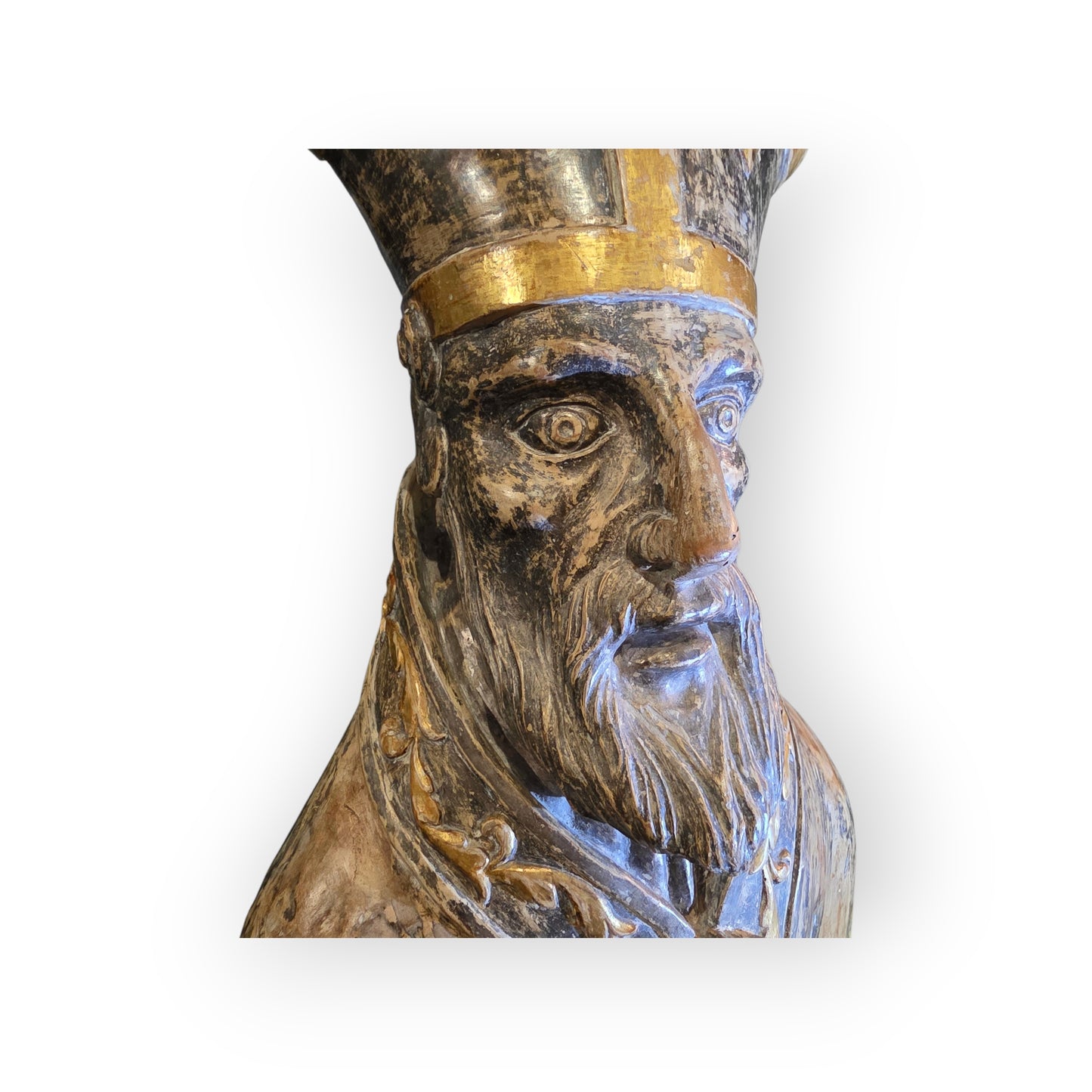 Large 17th‑Century Italian Antique Reliquary Bust of Saint Nicholas – Carved Wooden Sculpture with Silver & Gold Gilding