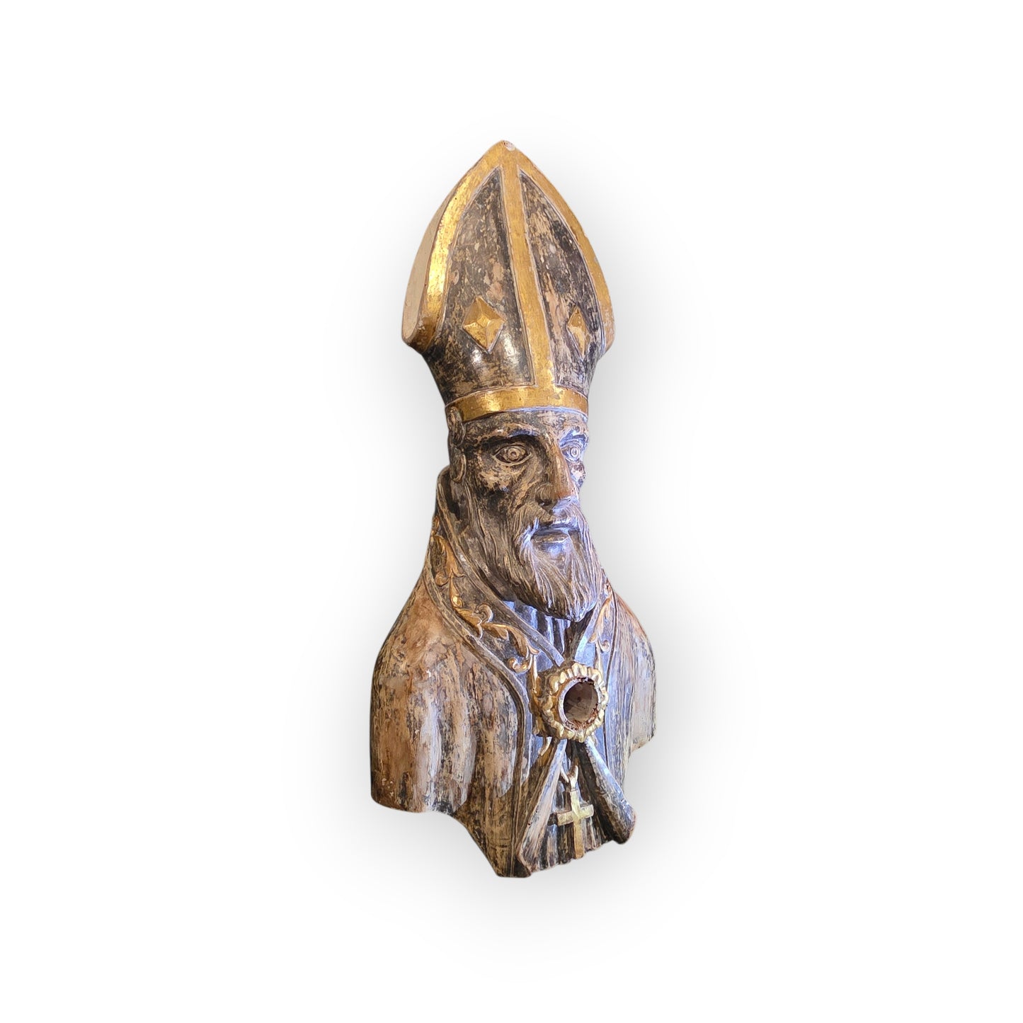 Large 17th‑Century Italian Antique Reliquary Bust of Saint Nicholas – Carved Wooden Sculpture with Silver & Gold Gilding