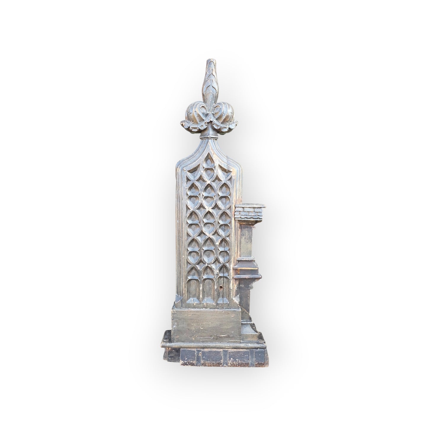 19th‑Century Gothic Revival English Antique Carved Oak Pew End / Bench End with Blind Tracery & Poppy Finial