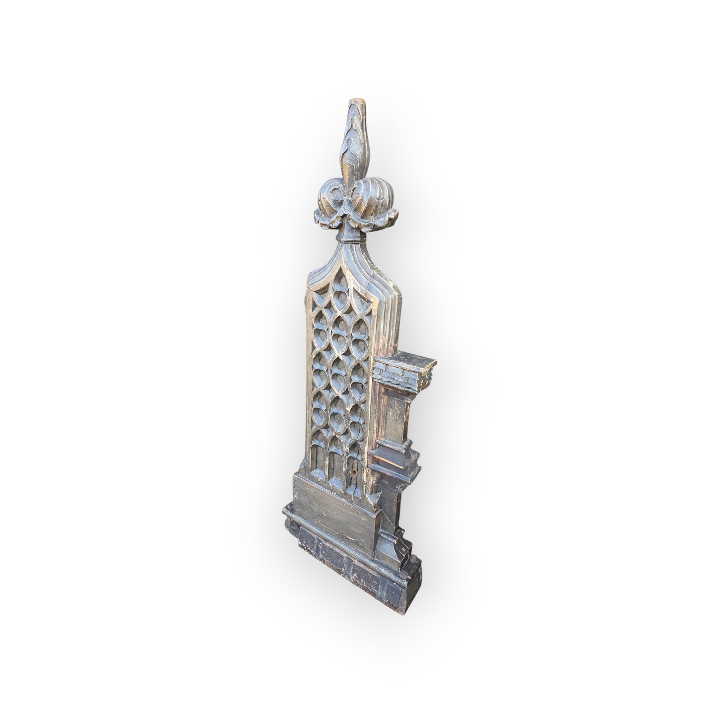 19th‑Century Gothic Revival English Antique Carved Oak Pew End / Bench End with Blind Tracery & Poppy Finial