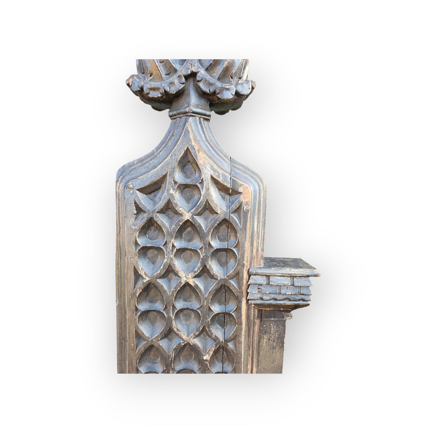 19th‑Century Gothic Revival English Antique Carved Oak Pew End / Bench End with Blind Tracery & Poppy Finial