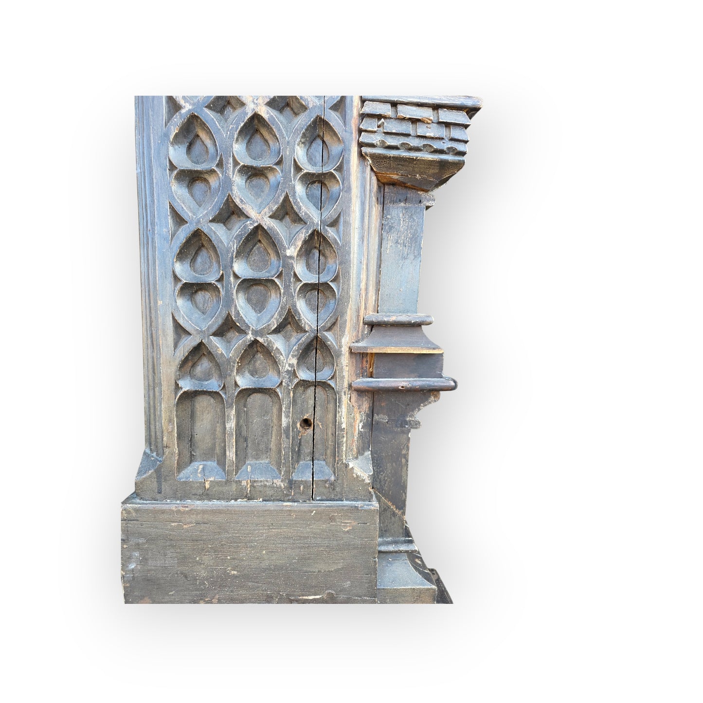 19th‑Century Gothic Revival English Antique Carved Oak Pew End / Bench End with Blind Tracery & Poppy Finial