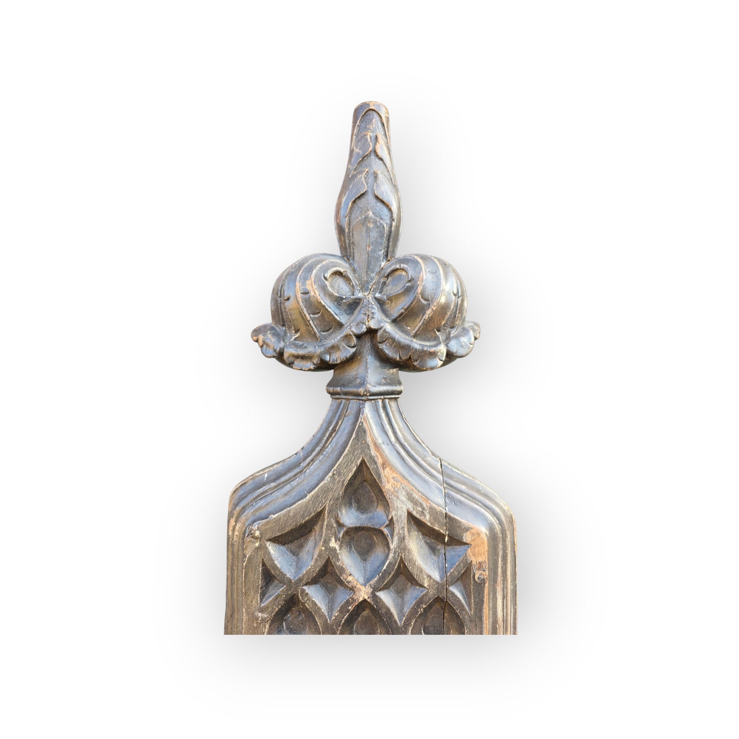 19th‑Century Gothic Revival English Antique Carved Oak Pew End / Bench End with Blind Tracery & Poppy Finial