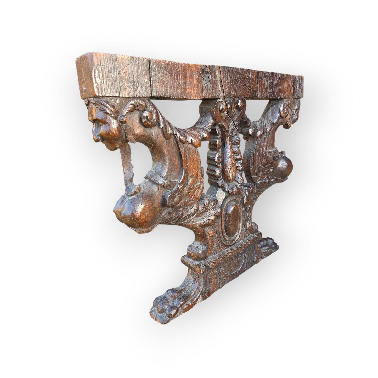Pair of Large 17th-Century Sculptural Italian Antique Carved Oak Furniture Supports