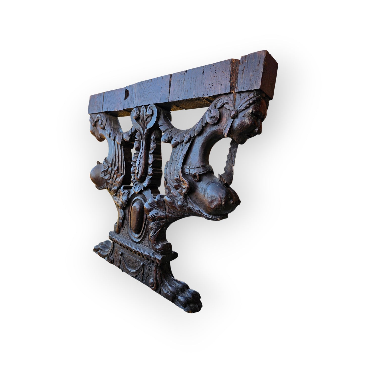 Pair of Large 17th-Century Sculptural Italian Antique Carved Oak Furniture Supports