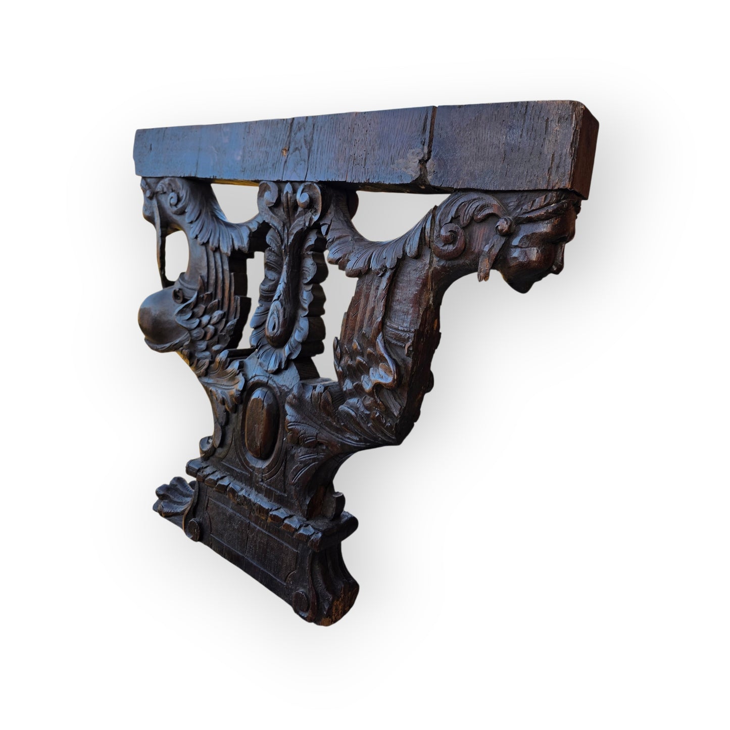 Pair of Large 17th-Century Sculptural Italian Antique Carved Oak Furniture Supports