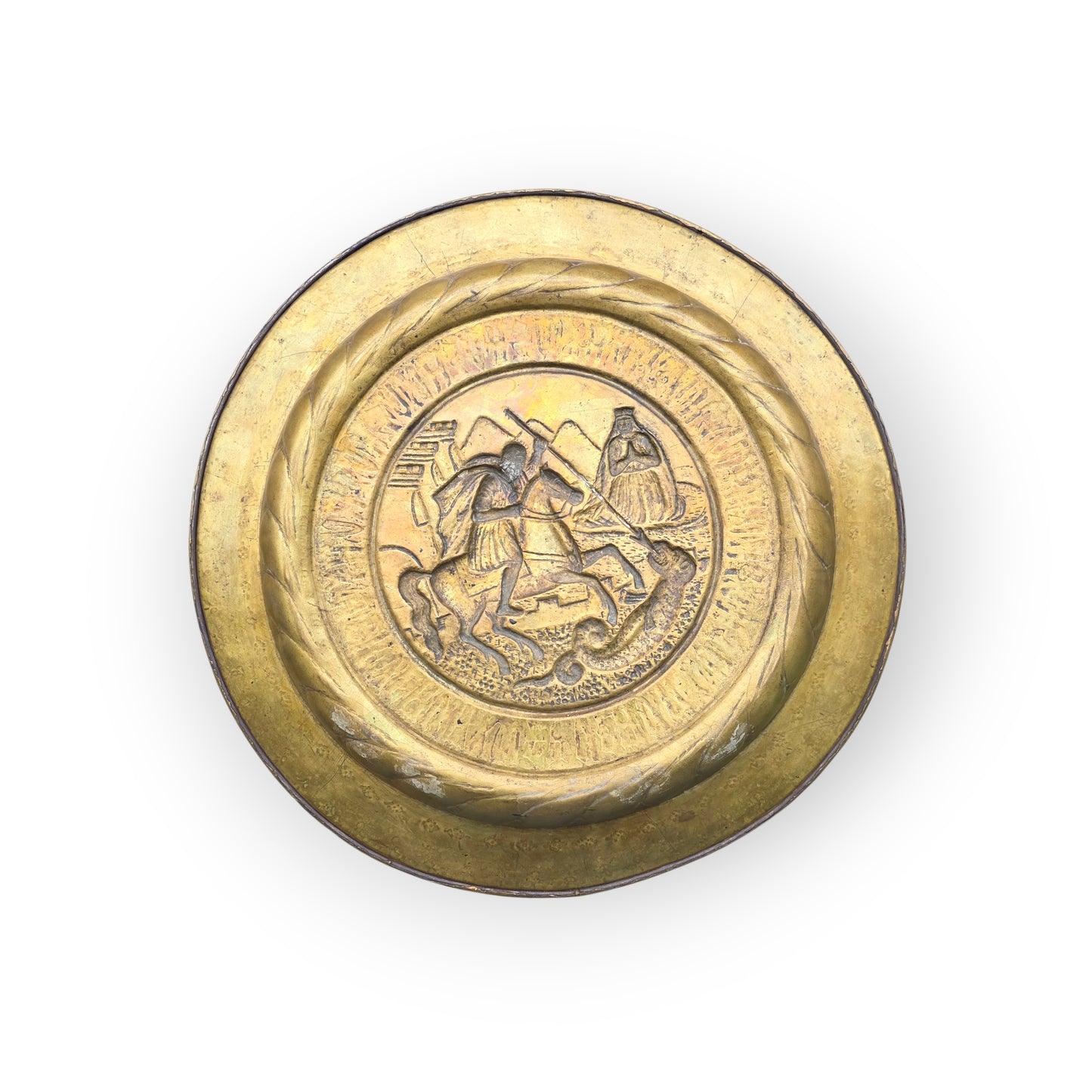 Large 19th‑Century Antique Brass Charger / Alms Dish in the 16th‑Century Style – Saint George Slaying the Dragon