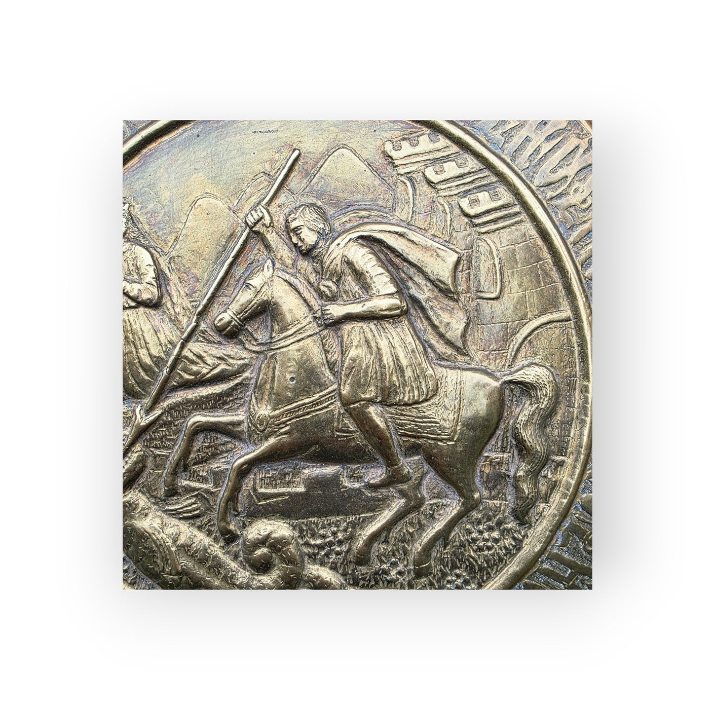 Large 19th‑Century Antique Brass Charger / Alms Dish in the 16th‑Century Style – Saint George Slaying the Dragon