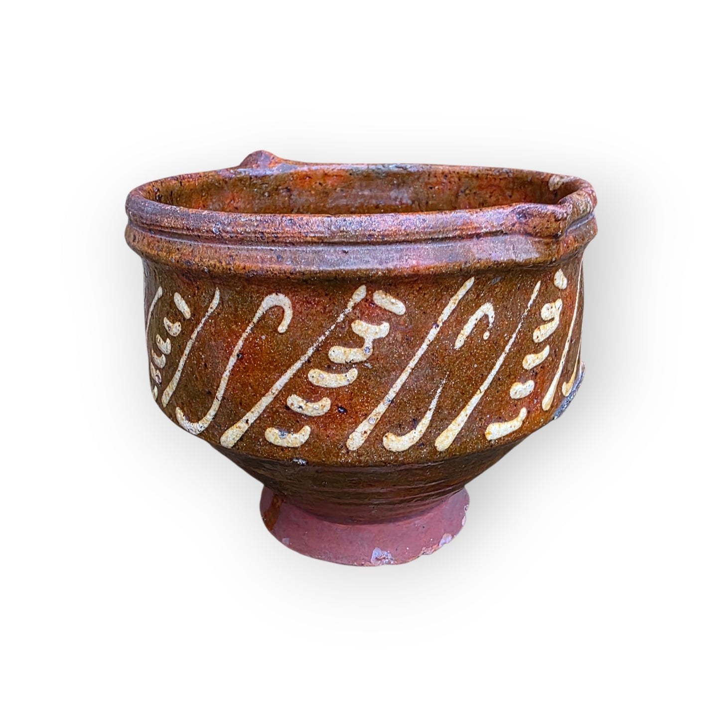 A Rare 17th‑Century English Antique Slipware Pouring Bowl with Spout, c.1650–1700