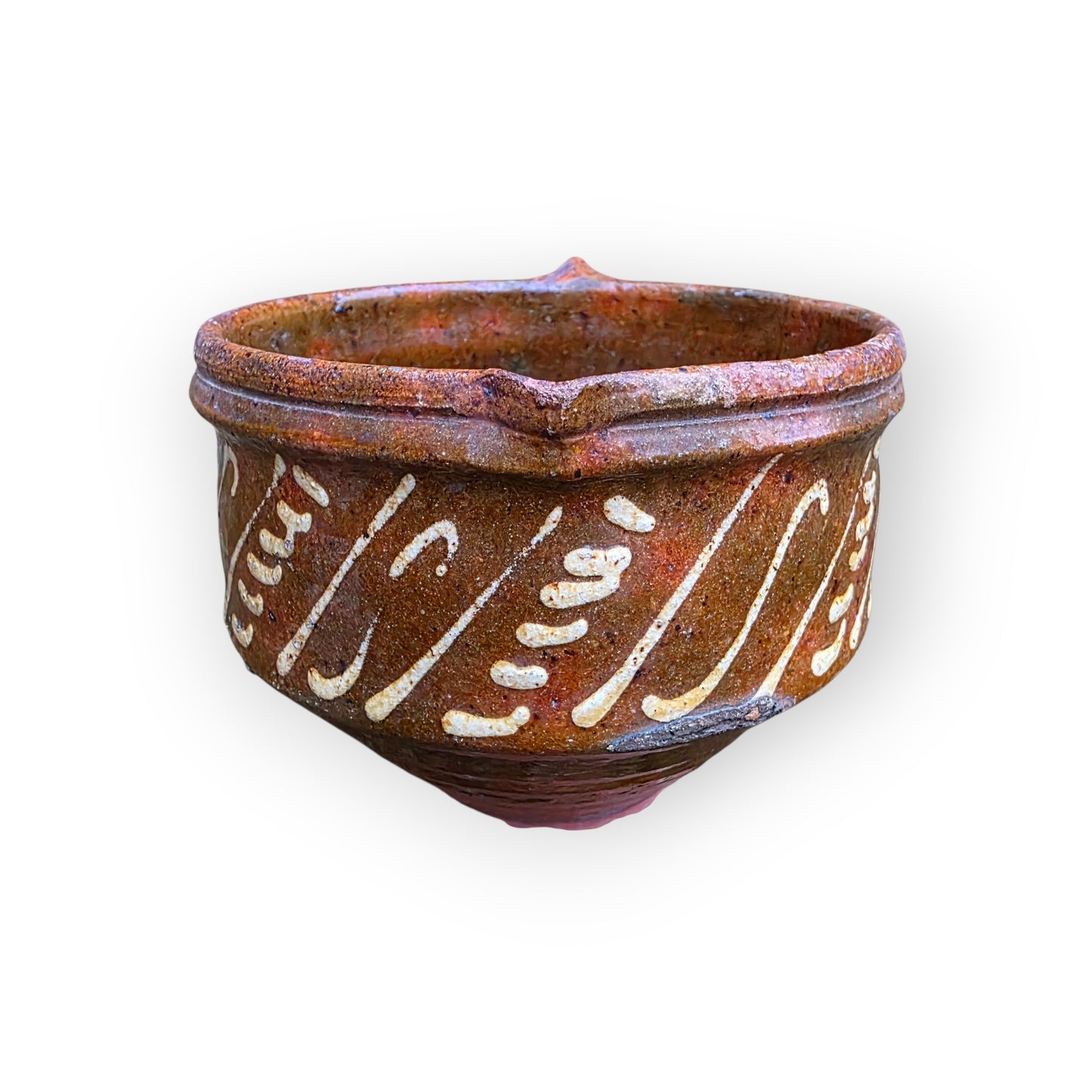 A Rare 17th‑Century English Antique Slipware Pouring Bowl with Spout, c.1650–1700