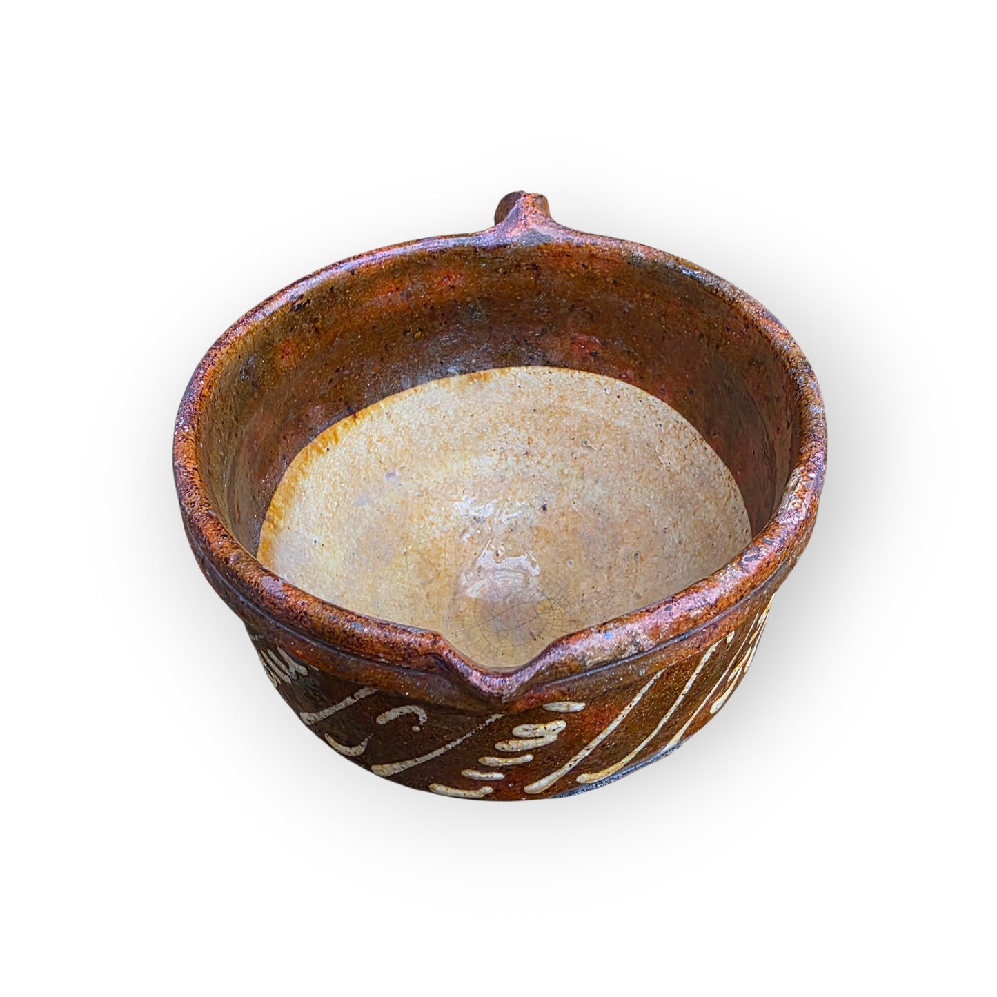 A Rare 17th‑Century English Antique Slipware Pouring Bowl with Spout, c.1650–1700