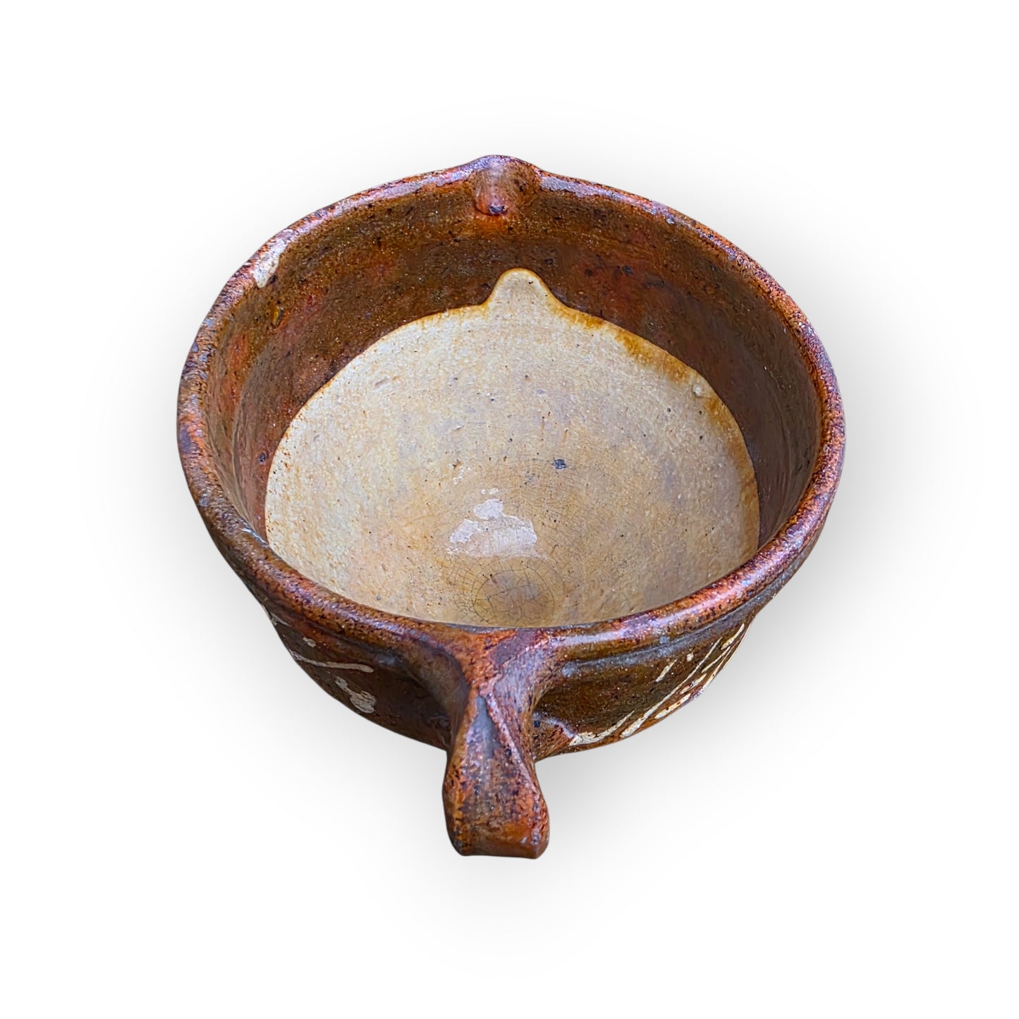 A Rare 17th‑Century English Antique Slipware Pouring Bowl with Spout, c.1650–1700
