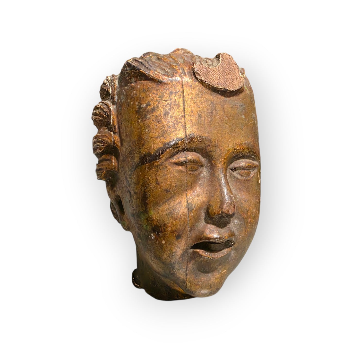 17th-Century Baroque Antique Carved Wooden Fragment Depicting a Cherubs Head