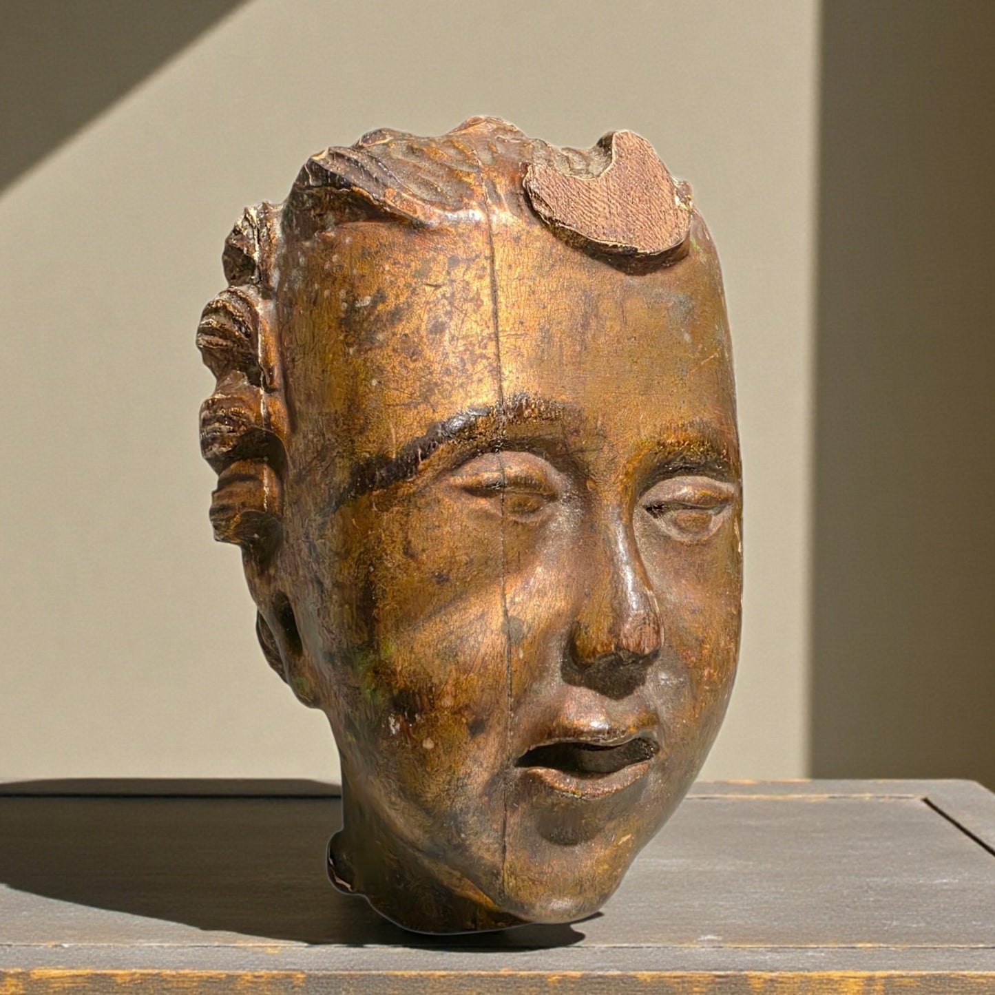 17th-Century Baroque Antique Carved Wooden Fragment Depicting a Cherubs Head