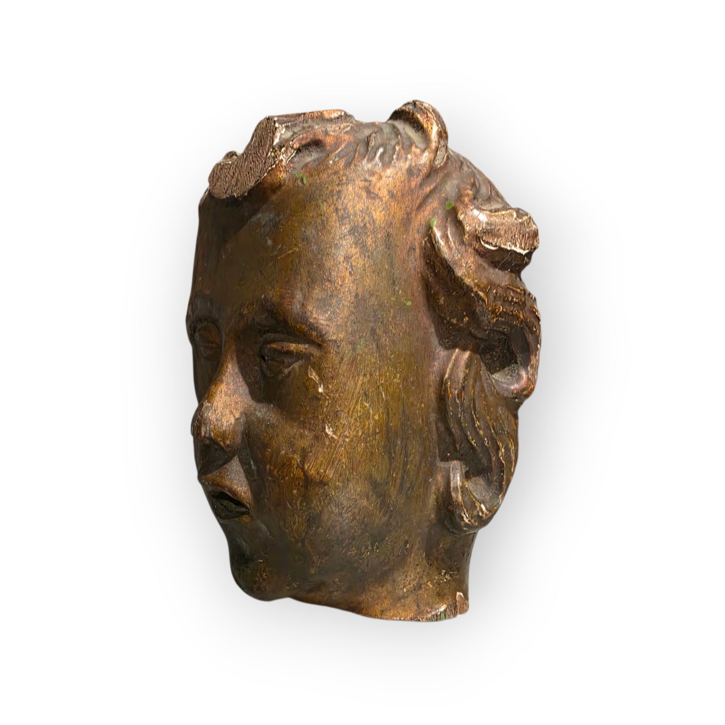17th-Century Baroque Antique Carved Wooden Fragment Depicting a Cherubs Head
