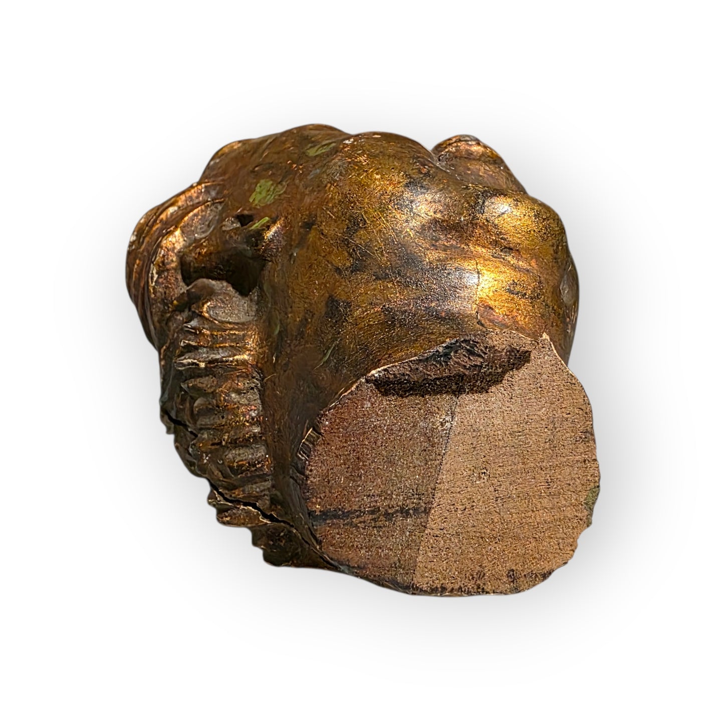 17th-Century Baroque Antique Carved Wooden Fragment Depicting a Cherubs Head