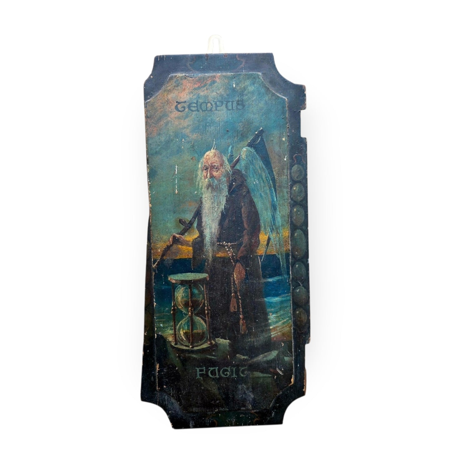 Late 18th‑Century English Antique Folk-Art Painted Door Panel Depicting Father Time, Inscribed Tempus Fugit