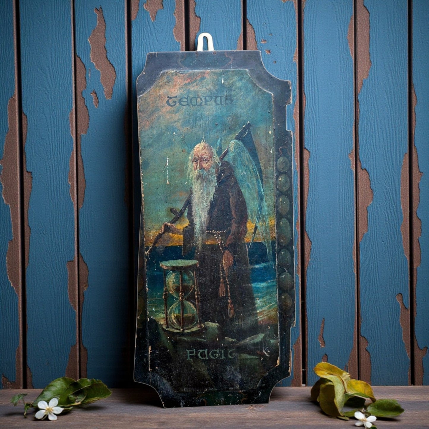 Late 18th‑Century English Antique Folk-Art Painted Door Panel Depicting Father Time, Inscribed Tempus Fugit