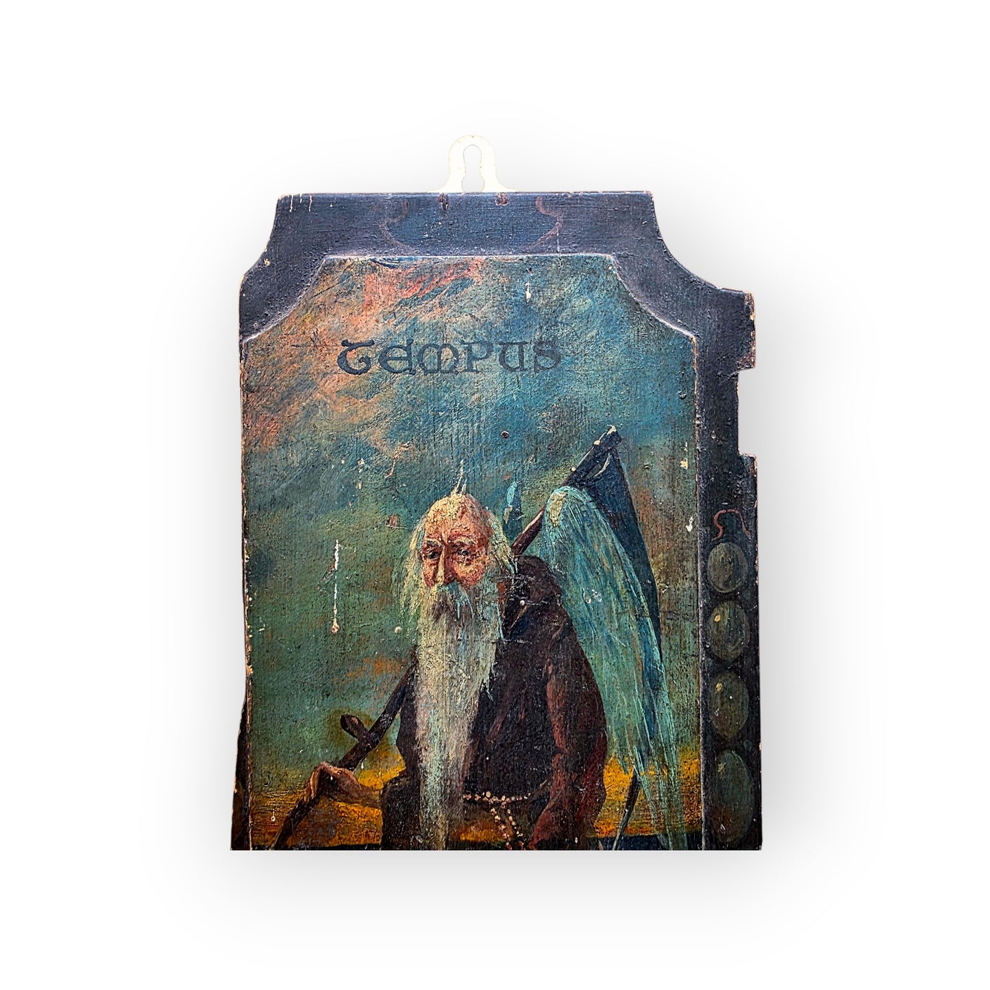 Late 18th‑Century English Antique Folk-Art Painted Door Panel Depicting Father Time, Inscribed Tempus Fugit